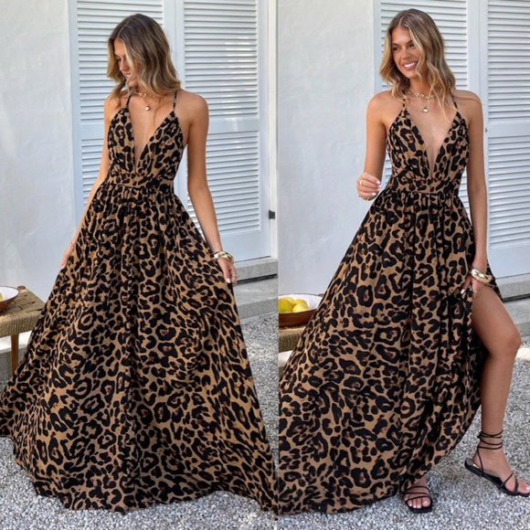 Backless Cheetah Maxi Dress Criss Cross V-Neck - Picture 3 of 16